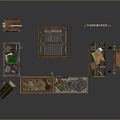 Artisan Workshop Scene With Wooden Frame Stone Wall Workbench Red Cabinet Easel And Tools