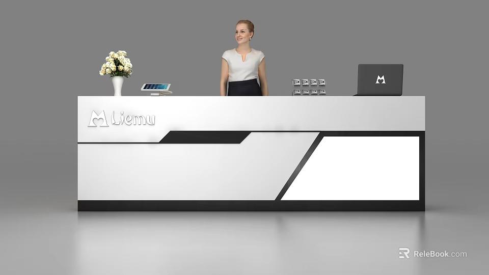Modern Liemu Reception Desk Featuring Flower Vase Tablet Laptop and Receptionist 3d model 