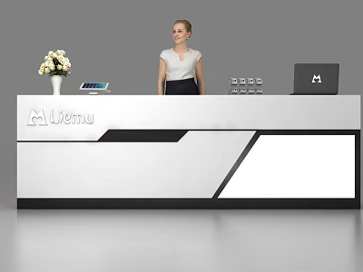 Modern Liemu Reception Desk Featuring Flower Vase Tablet Laptop and Receptionist 3d model