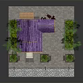 Cartoon Style Traditional Building Scene With Purple Roof Green Trees And Flower Beds