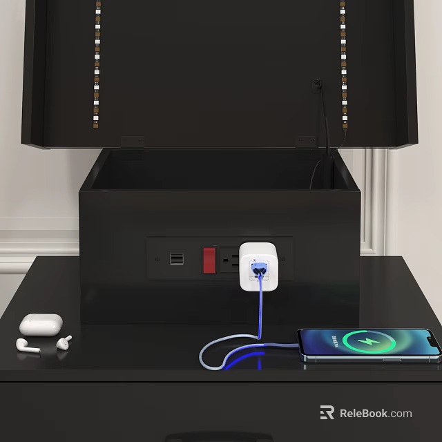 Modern Bedside Table With Built in Power Outlet USB Ports Charging Smartphone And Earbuds 3d model 