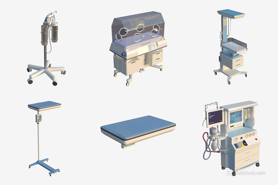 Essential Clinical Medical Equipment Collection With Neonatal Incubator IV Stand And Examination Table 3d model 