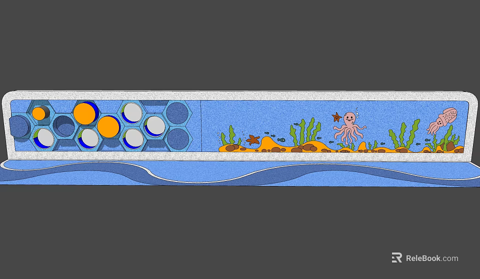Decorative Ocean Themed Feature Wall With Octopus Seaweed Bubbles And Waves Design 3d model