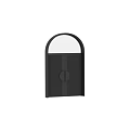 Black Double Doors With Vertical Striped Design Round Handles And Arched Glass Panels