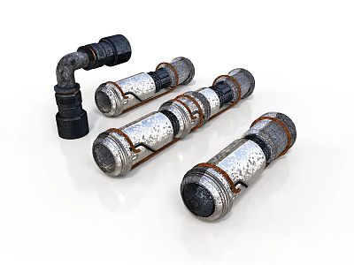 Industrial Metal Pipe Fittings With Silver Black Components And Threaded Connections 3d model