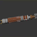 Red And Silver Lightsaber Weapon With Wooden Texture Metal Components Golden Tip And Glowing Effect