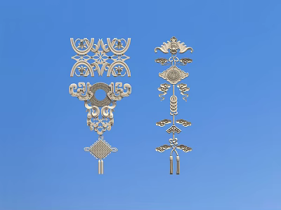 Intricate Silver Carving Decorative Pieces With Traditional Patterns On Blue Background 3d model