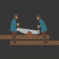 Two People In Blue Clothing With Hats Sawing Wooden Plank On Supports