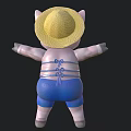 Cute Pink Pig Wearing Straw Hat And Blue Outfit With Open Arms