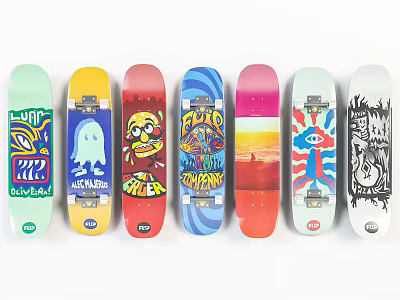 Colorful Skateboard Decks With Various Unique Graphic Designs And Patterns 3d model