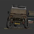 Vintage Off-road Vehicle with Muddy Exterior Shark Teeth Decal and Roof Rack Luggage