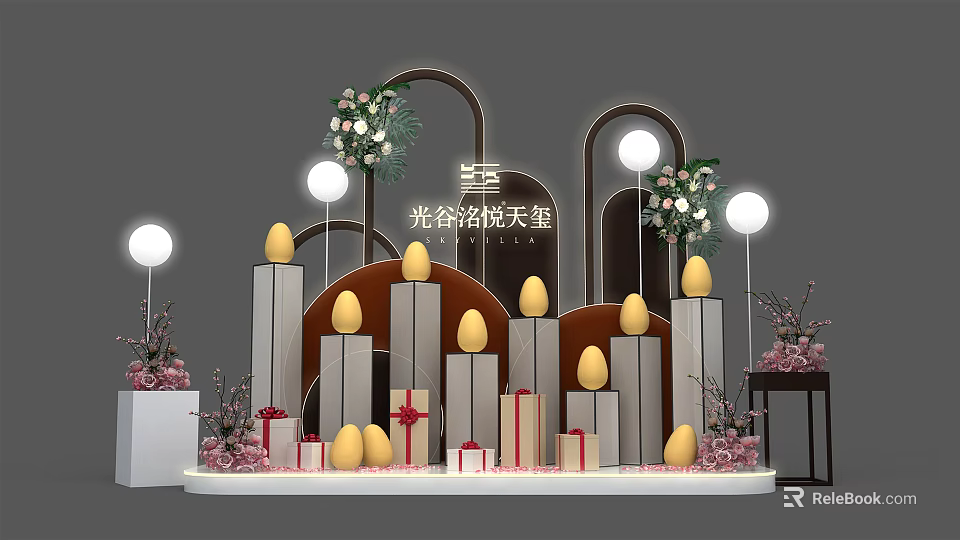 Guanggu Mingyue Tianxi Event Decorations With Golden Eggs Flower Bouquets And Gift Boxes 3d model 