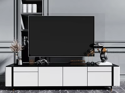 Modern Black and White TV Stand with TV Decorative Items and Side Bookshelf 3d model