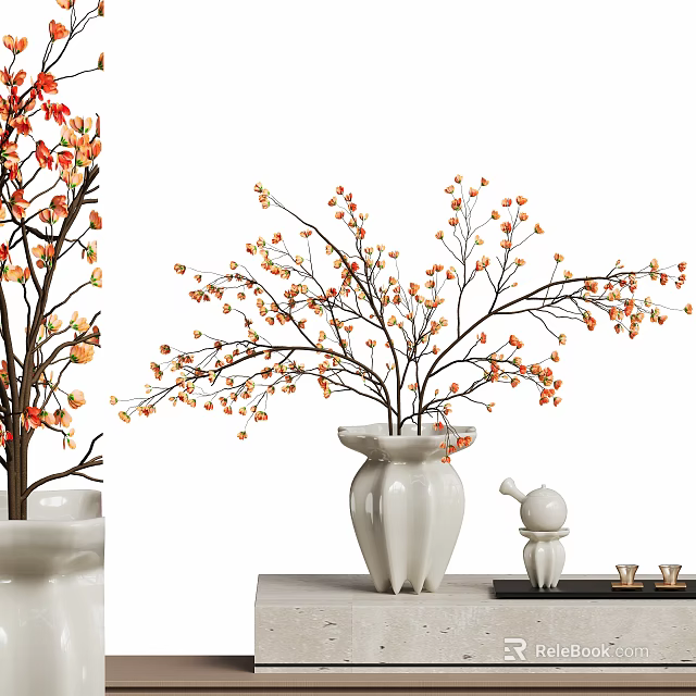 Bonsai Plant with Orange Fruit Branches in White Ceramic Vase and Small Teapot Tea Cups 3d model 