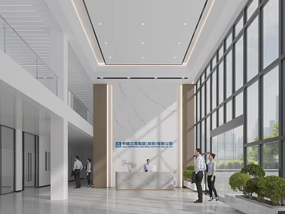 Modern Office Lobby Reception Desk With Marble Backdrop And Large Windows 3d model
