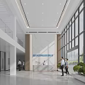 Modern Office Lobby Reception Desk With Marble Backdrop And Large Windows