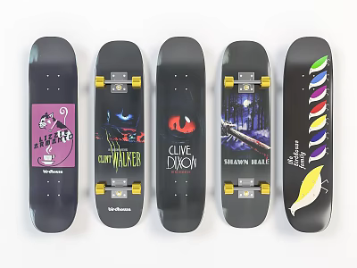 Diverse Skateboard Decks With Colorful Stripes Feather Art And Brand Graphics 3d model