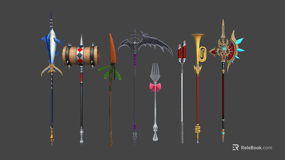 Various Designed Fantasy Long Handle Weapons With Decorative Elements And Unique Shapes 3d model 