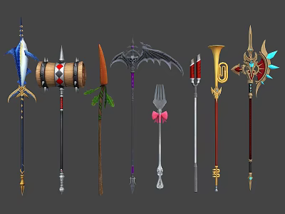 Various Designed Fantasy Long Handle Weapons With Decorative Elements And Unique Shapes 3d model