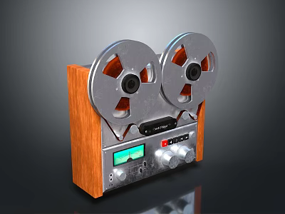 Vintage Electronic Reel to Reel Tape Recorder with Wooden Base Metal Reels and Control Panel 3d model