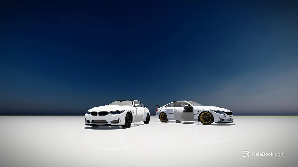 Two White BMW Sports Cars With Gold Wheels On White Background And Blue Sky 3d model 