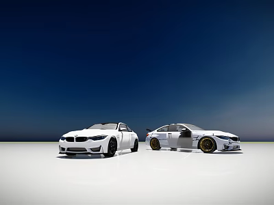 Two White BMW Sports Cars With Gold Wheels On White Background And Blue Sky 3d model