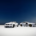Two White BMW Sports Cars With Gold Wheels On White Background And Blue Sky