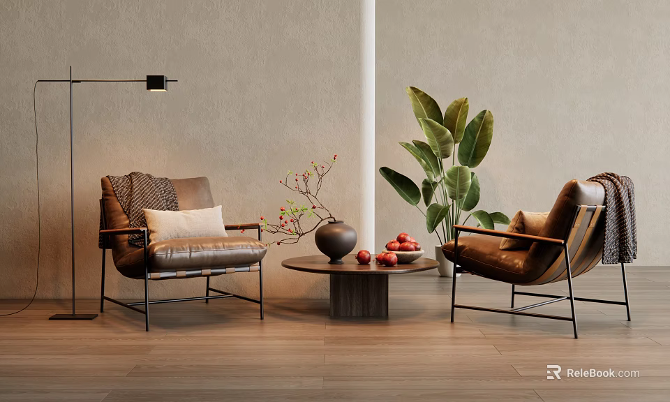 Modern Living Room Featuring Leather Armchairs Coffee Table Floor Lamp And Green Plants 3d model 