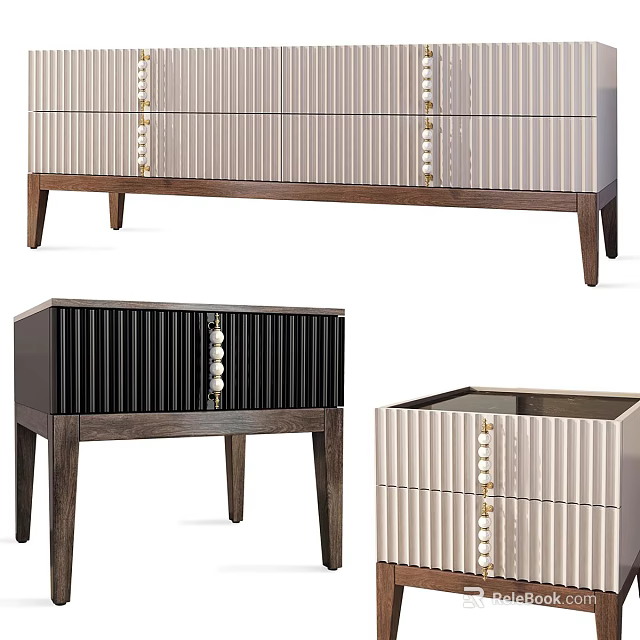 Modern Bedside Tables With Striped Panels Wooden Legs And Decorative Handles 3d model 
