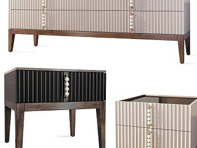 Modern Bedside Tables With Striped Panels Wooden Legs And Decorative Handles 3d model