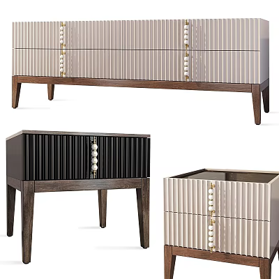 Modern Bedside Tables With Striped Panels Wooden Legs And Decorative Handles 3d model