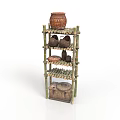 Rustic Bamboo Shelf Displaying Pottery Jar Woven Baskets And Handmade Mats 3d model