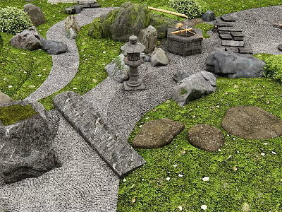 Microlandscape Design with Natural Rocks Pathway Green Grass and Stone Lantern 3d model