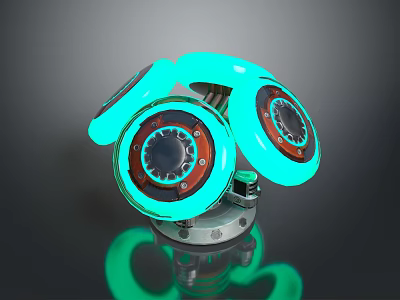 Glowing Green Circular Mechanical Device With Multiple Circular Structures And Metal Base Reflection 3d model
