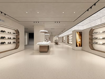 Spacious Modern Shoe Showroom Interior With Display Shelves Wooden Counter And Lighting Design 3d model