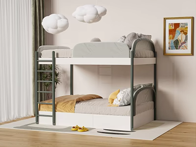 Modern Bunk Bed Design For Kids Room With Cloud Lights Mattress And Ladder 3d model