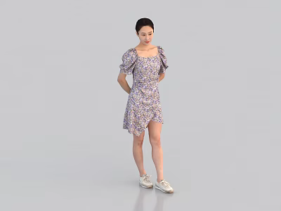 A Woman In Purple Floral Dress With Hands Behind Back White Sneakers On Light Background 3d model