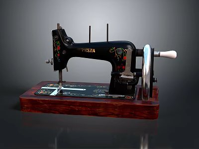 Vintage Black Sewing Machine With Floral Decorations On Wooden Base For Home Use 3d model