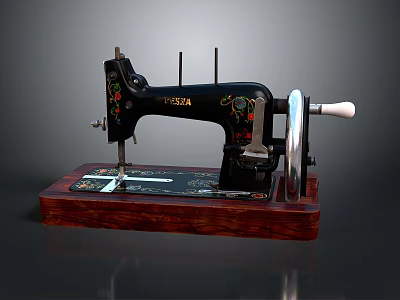 Vintage Black Sewing Machine With Floral Decorations On Wooden Base For Home Use 3d model Vintage Black Sewing Machine With Floral Decorations On Wooden Base For Home Use 3d model