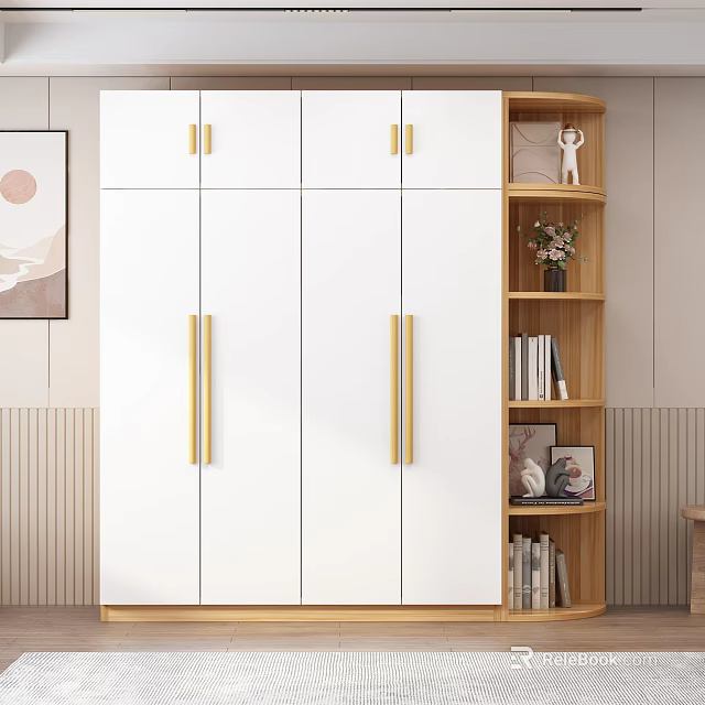 Modern White Wardrobe With Golden Handles And Wooden Bookshelf Decorations On Light Wall 3d model 