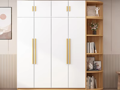 Modern White Wardrobe With Golden Handles And Wooden Bookshelf Decorations On Light Wall 3d model