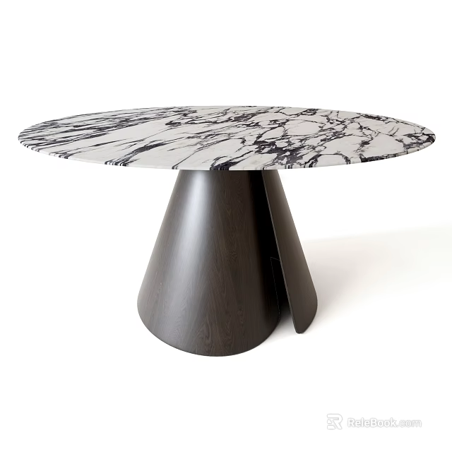 Round Modern Dining Table With Black And White Marble Top And Dark Brown Base 3d model