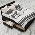 Dark Colored Double Bed With Striped Sheets Pillows And Open Storage Drawers 3d model