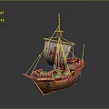 Wooden Sailing Ship With White Sail Red Cross And Historical Deck Details