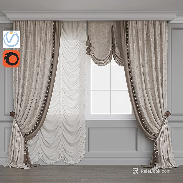 Elegant Beige Curtains With Pleated Design And Decorative Tassels On Gray Walls 3d model 