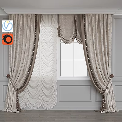 Elegant Beige Curtains With Pleated Design And Decorative Tassels On Gray Walls 3d model