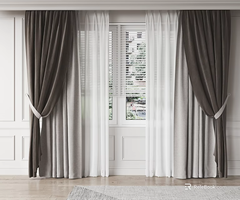 Elegant Double Layer Curtains With Dark Brown Outer And White Sheer Inner For Window 3d model 