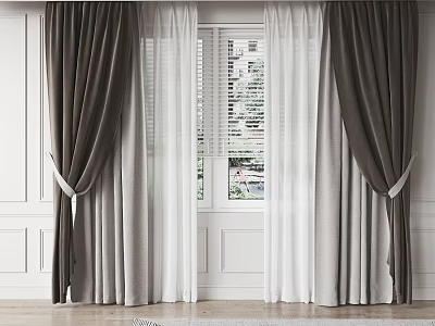 Elegant Double Layer Curtains With Dark Brown Outer And White Sheer Inner For Window 3d model