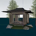 Ancient Wooden Pavilion With Traditional Roof In Waterfront Setting Surrounded By Trees And Rocks