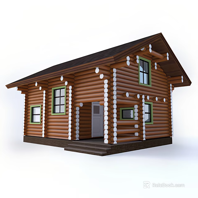 Log Cabin with Wooden Door Green Framed Windows Dark Roof White Decorative Circles and Steps 3d model 